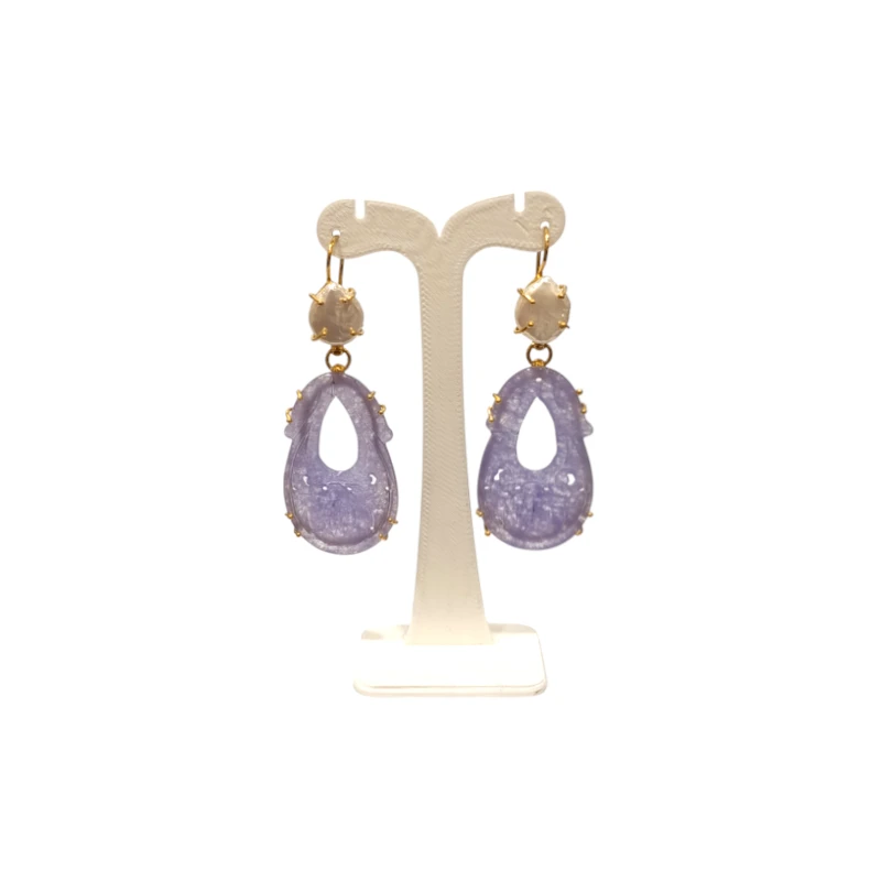 Boucles Jade Lilas et Perles d'Eau Douce Ciselées Argent 925 Plaqué Or