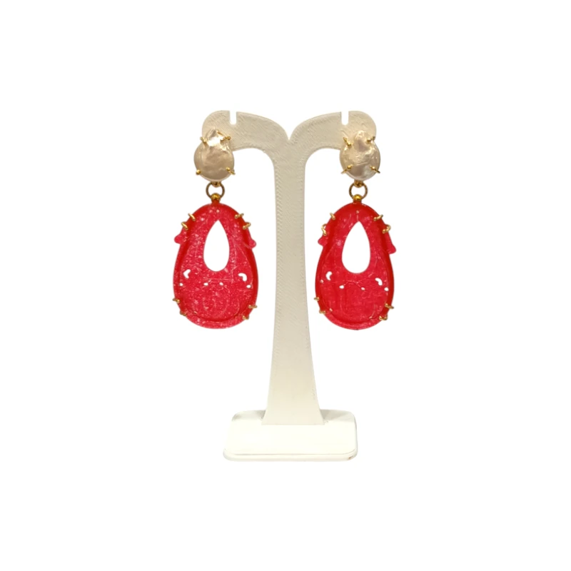 Boucles Jade Rouge et Perles d'Eau Douce Ciselé Argent 925 Plaqué Or