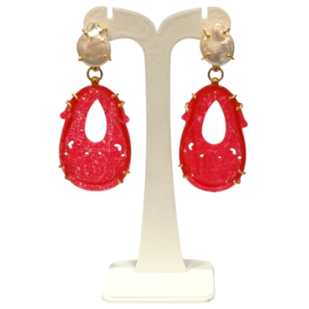 Boucles Jade Rouge et Perles d'Eau Douce Ciselé Argent 925 Plaqué Or