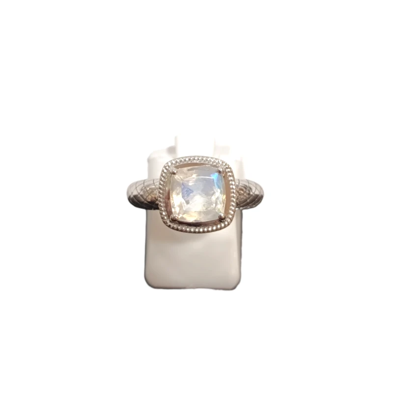 Bague Pierre de Lune Carré Facetté Argent 925 Ciselé Taille 55