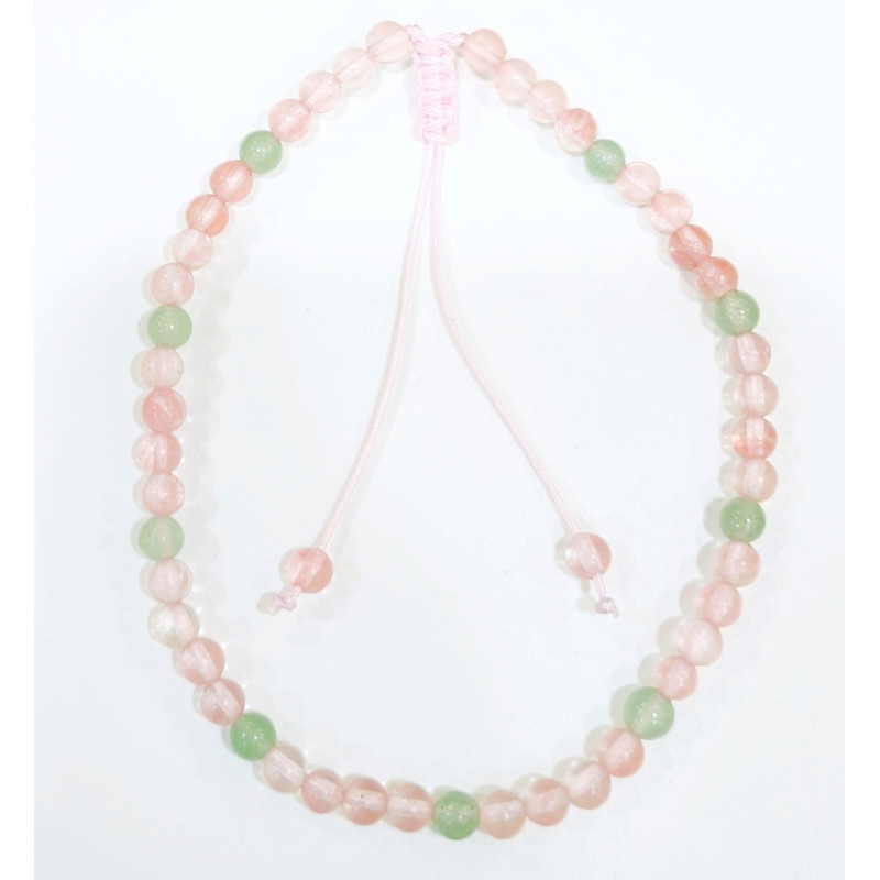 Bracelet Quartz Cerise et Aventurine Verte Pierres Rondes 4mm Poignet / Cheville Cordon
