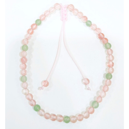 Bracelet Quartz Cerise et Aventurine Verte Pierres Rondes 4mm Poignet / Cheville Cordon