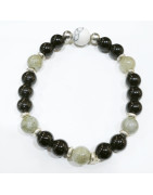 Bracelet Onyx Labradorite 8mm et Howlite 10mm Pierres Rondes avec Inserts Acier