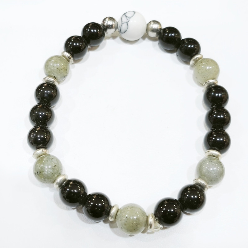 Bracelet Onyx Labradorite 8mm et Howlite 10mm Pierres Rondes avec Inserts Acier