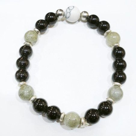 Bracelet Onyx Labradorite 8mm et Howlite 10mm Pierres Rondes avec Inserts Acier