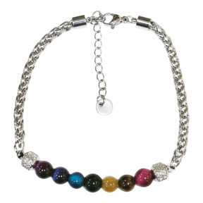 Bracelet Œil de Tigre Teinté Pierres Rondes 5/6mm avec Fermoir 19 + 5 cm