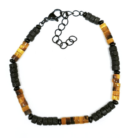 Bracelet Œil de Tigre et Pierre de Lave Petites Rondelles 4mm avec Fermoir Acier Noir 19 + 5 cm