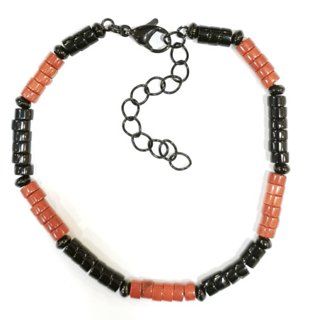 Bracelet Jaspe Rouge et Onyx Petites Rondelles 4mm Fermoir Acier Noir 19 + 5 cm