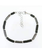 Bracelet Onyx et Hématites Petites Rondelles 4mm Fermoir Acier 19 + 5 cm