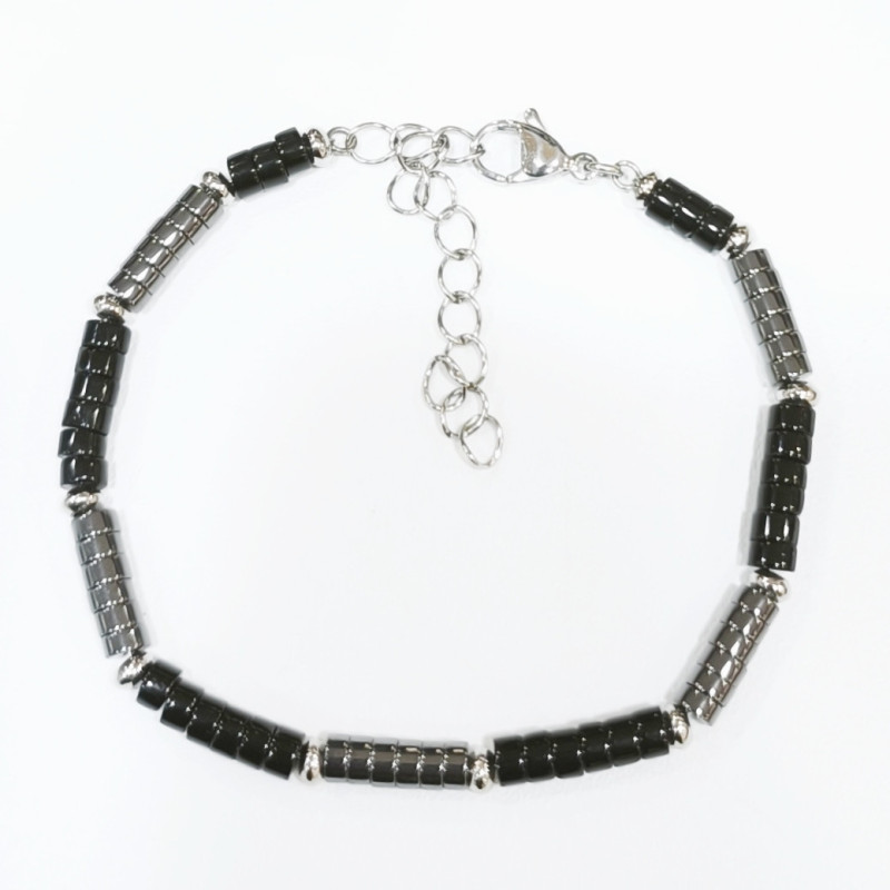 Bracelet Onyx et Hématites Petites Rondelles 4mm Fermoir Acier 19 + 5 cm