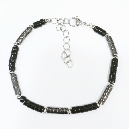 Bracelet Onyx et Hématites Petites Rondelles 4mm Fermoir Acier 19 + 5 cm