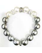 Bracelet Perles de Majorque Blanches et Grises avec Inserts Swarovski 14mm