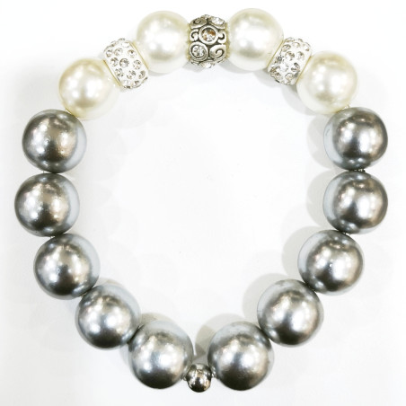 Bracelet Perles de Majorque Blanches et Grises avec Inserts Swarovski 14mm