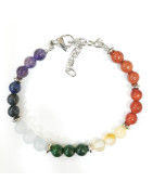 Bracelet 7 Chakras avec Inserts Argent Pierres Rondes 6mm sur Câble Acier 17 + 3 cm