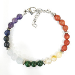 Bracelet 7 Chakras avec Inserts Argent Pierres Rondes 6mm sur Câble Acier 17 + 3 cm