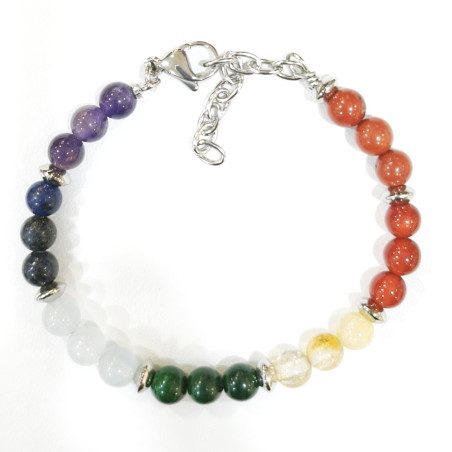Bracelet 7 Chakras avec Inserts Argent Pierres Rondes 6mm sur Câble Acier 17 + 3 cm