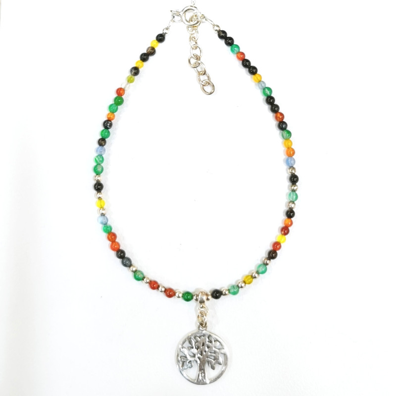 Bracelet 7 Chakras Arbre de Vie Argent 925 Pierres Rondes 2mm et Inserts avec Fermoir 18 + 3 cm
