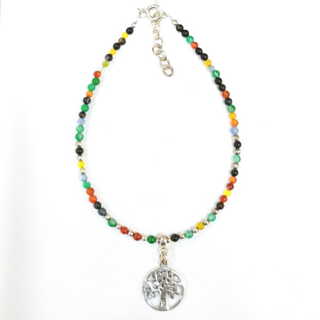 Bracelet 7 Chakras Arbre de Vie Argent 925 Pierres Rondes 2mm et Inserts avec Fermoir 18 + 3 cm