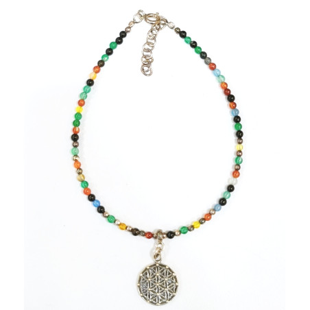 Bracelet 7 Chakras Fleur de Vie Argent 925 Pierres Rondes 2mm et Inserts avec Fermoir 18 + 3 cm