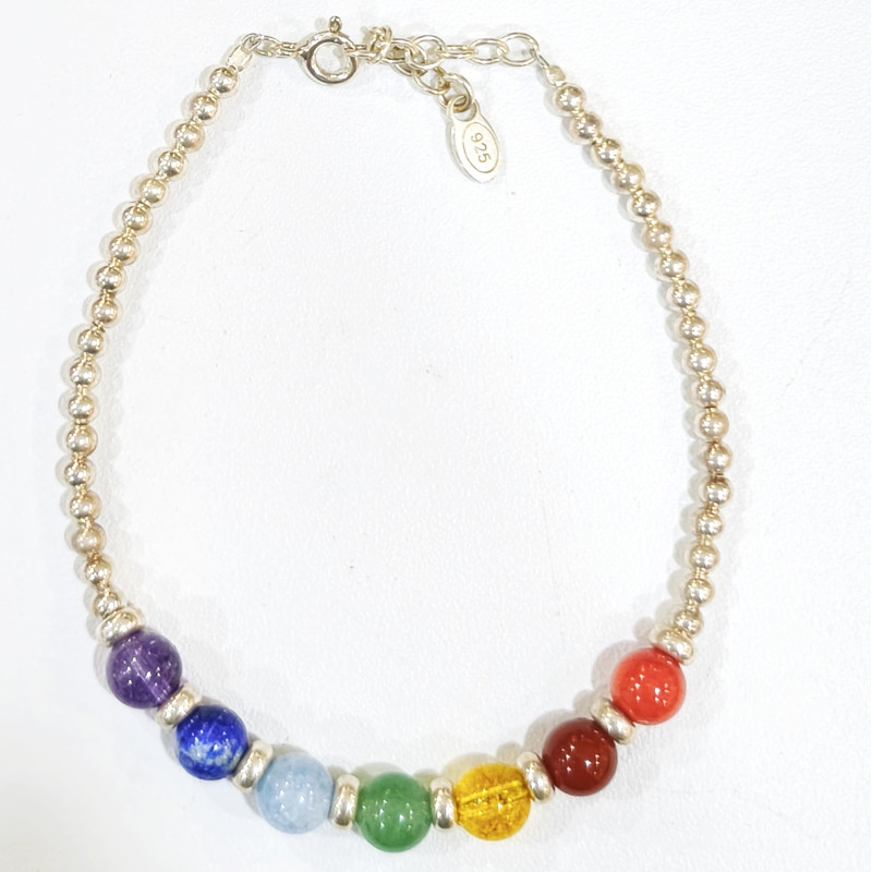 Bracelet 7 Chakras Argent 925 Pierres Rondes 6mm avec Fermoir 17 + 4 cm