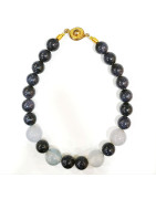Bracelet Pierre de Nuit 8mm et Agate Grise 10mm Fermoir à Pression Doré