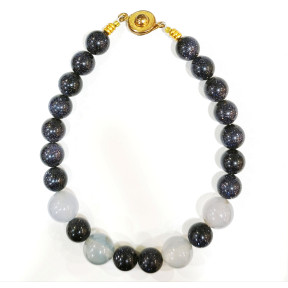 Bracelet Pierre de Nuit 8mm et Agate Grise 10mm Fermoir à Pression Doré