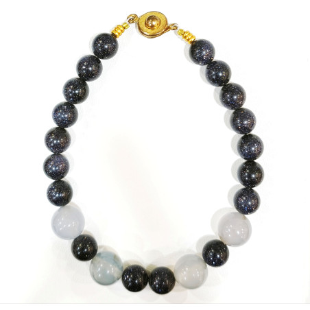 Bracelet Pierre de Nuit 8mm et Agate Grise 10mm Fermoir à Pression Doré
