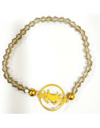 Bracelet Verre de Murano Fumé Perles Facettées Coniques Signe Astro Cancer Doré