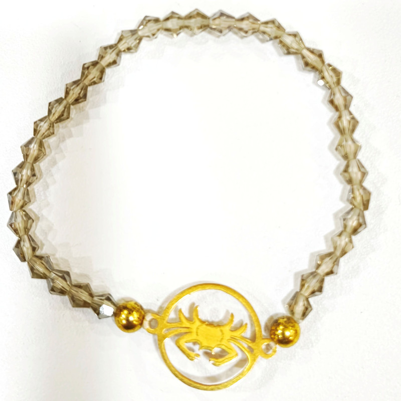 Bracelet Verre de Murano Fumé Perles Facettées Coniques Signe Astro Cancer Doré