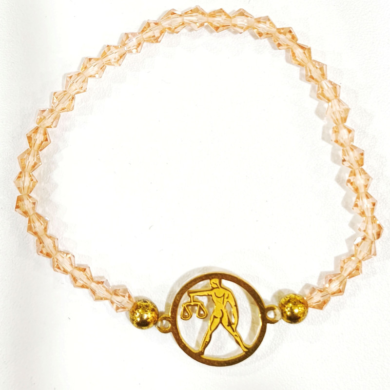 Bracelet Verre de Murano Saumon Perles Facettées Coniques Signe Astro Balance Doré