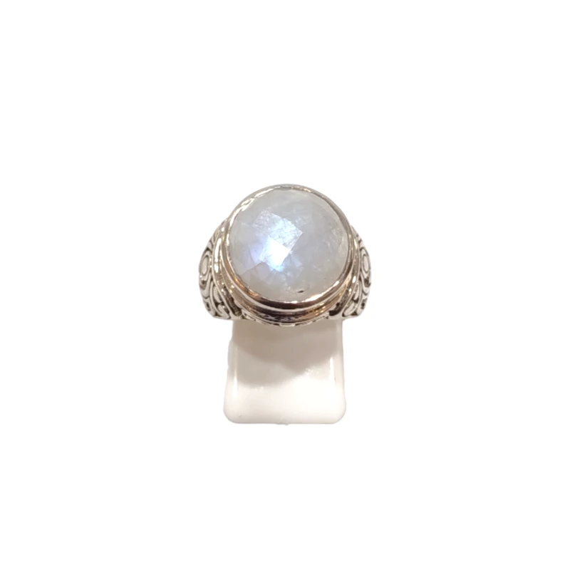 Bague Pierre de Lune Ronde Facetté Argent 925 Type Chevalière Taille 54