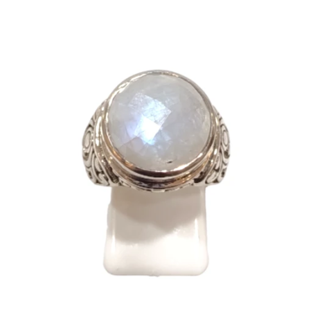 Bague Pierre de Lune Ronde Facetté Argent 925 Type Chevalière Taille 54