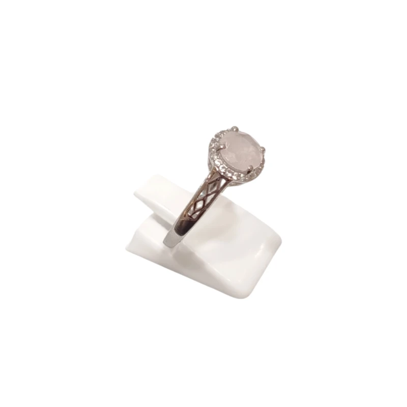 Bague Quartz Rose et Zirconium Ronde Facetté Argent 925 Ciselé Taille 60