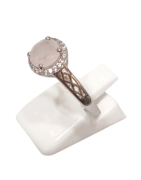 Bague Quartz Rose et Zirconium Ronde Facetté Argent 925 Ciselé Taille 60