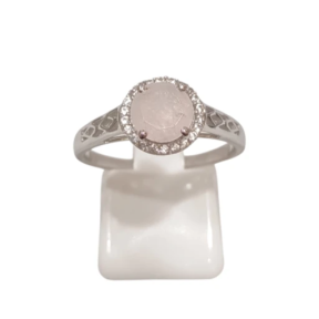 Bague Quartz Rose et Zirconium Ronde Facetté Argent 925 Ciselé Taille 60