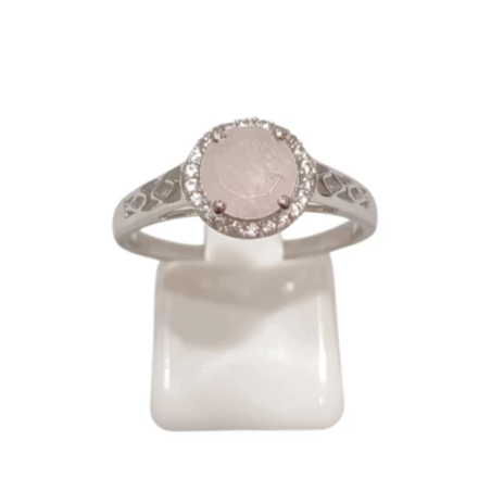 Bague Quartz Rose et Zirconium Ronde Facetté Argent 925 Ciselé Taille 60