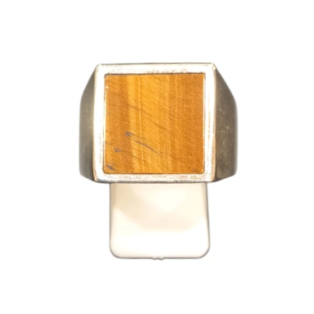 Bague Œil de Tigre Carré Plat Argent 925 Type Chevalière Taille 65