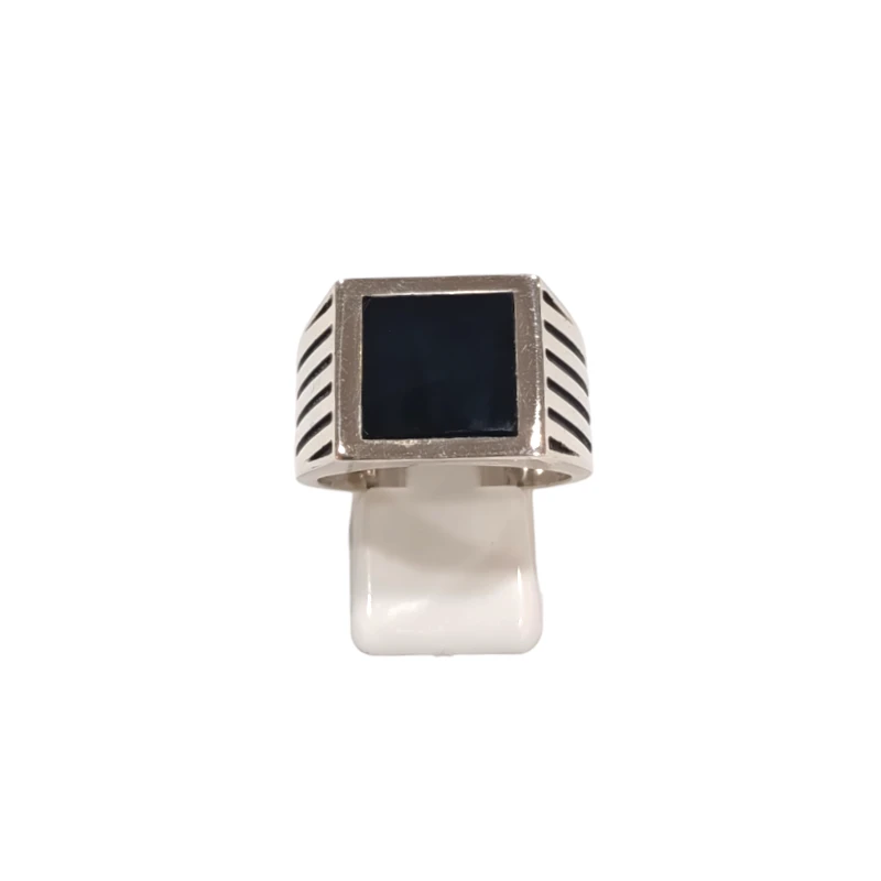 Bague Onyx Carré Argent 925 Ciselé Type Chevalière Taille 66