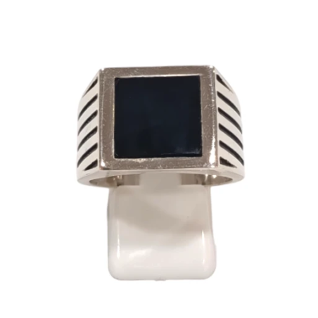 Bague Onyx Carré Argent 925 Ciselé Type Chevalière Taille 66