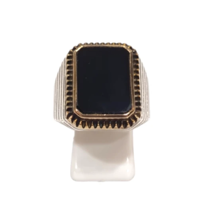Bague Onyx Rectangulaire Argent 925 et Laiton Ciselé Type Chevalière Taille 63