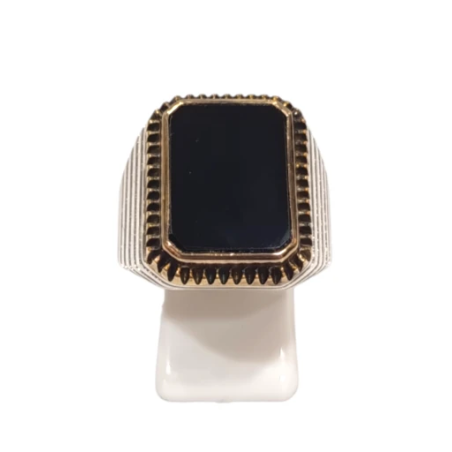Bague Onyx Rectangulaire Argent 925 et Laiton Ciselé Type Chevalière Taille 63