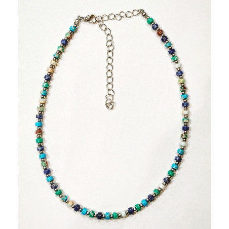Collier Multipierres Nacre Multicolore Bleue pour Enfant avec Fermoir Acier 32 + 10 cm