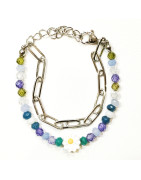 Bracelet Perles de Verre Enfant avec Pâquerette et Chaîne Acier 13 + 5 cm
