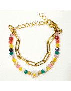 Bracelet Perles de Verre Enfant avec Pâquerette et Chaîne Acier Plaquée Or 13 + 5 cm