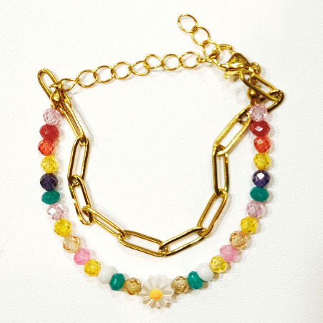 Bracelet Perles de Verre Enfant avec Pâquerette et Chaîne Acier Plaquée Or 13 + 5 cm