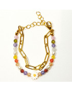Bracelet Perles de Verre Enfant avec Pâquerette et Chaîne Acier Plaquée Or 13 + 5 cm