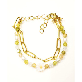 Bracelet Perles de Verre Enfant avec Pâquerette et Chaîne Acier Plaquée Or 13 + 5 cm
