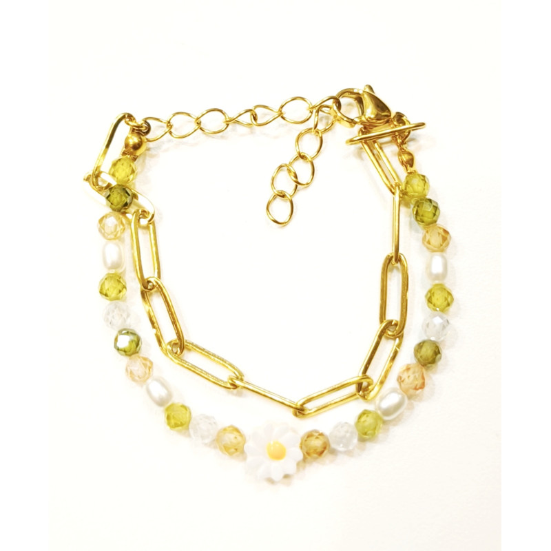 Bracelet Perles de Verre Enfant avec Pâquerette et Chaîne Acier Plaquée Or 13 + 5 cm