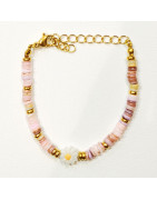 Bracelet Multipierres Nacre Enfant avec Pâquerette Acier Plaqué Or 13 + 5 cm