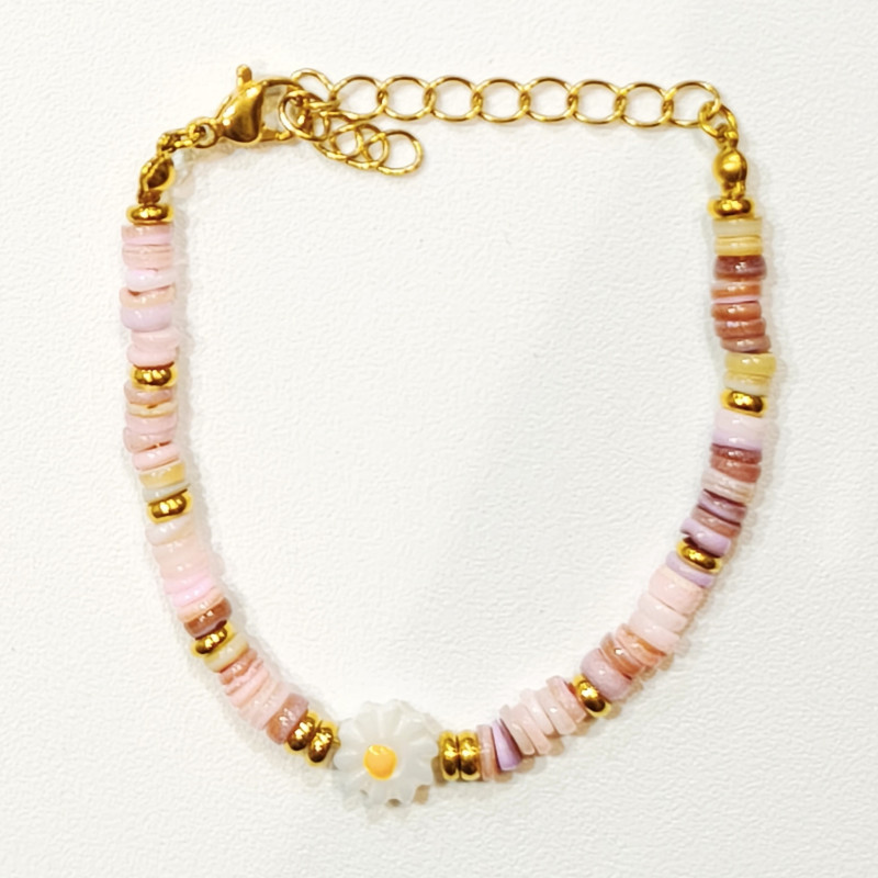 Bracelet Multipierres Nacre Enfant avec Pâquerette Acier Plaqué Or 13 + 5 cm